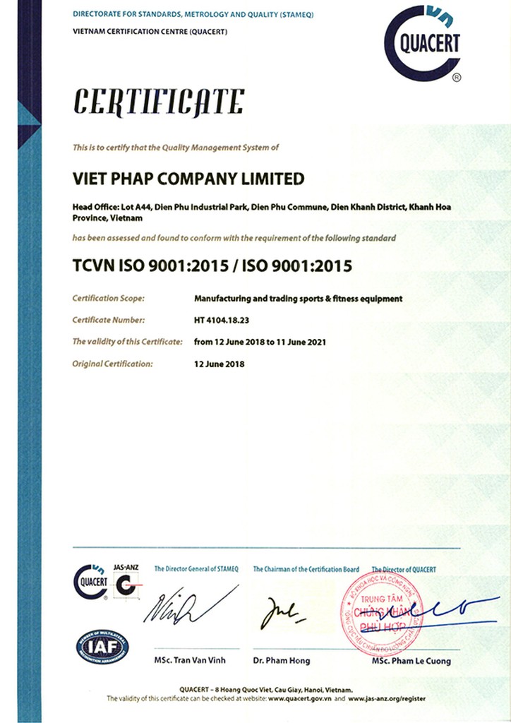 VIFASPORT ĐẠT CHỨNG NHẬN ISO 9001:2015