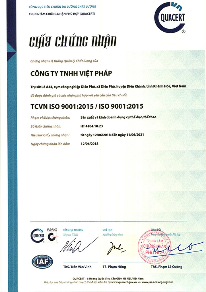 VIFASPORT ĐẠT CHỨNG NHẬN ISO 9001:2015